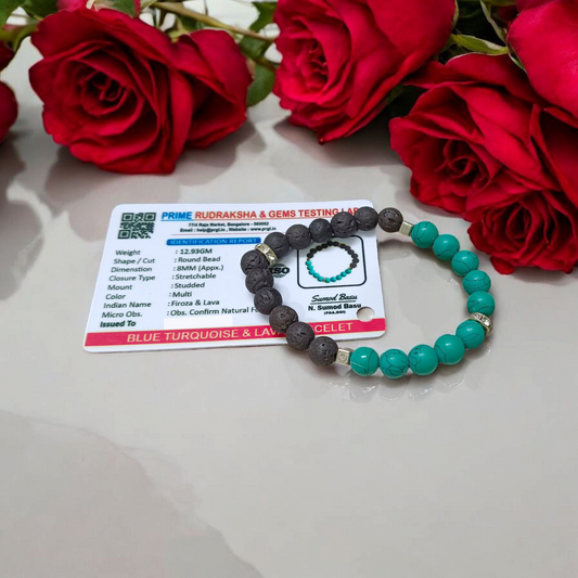 Blue Turquoise & Lava Bracelet (Firoza) with 8mm beads, stretchable and lab certified, perfect for grounding, protection, and emotional healing