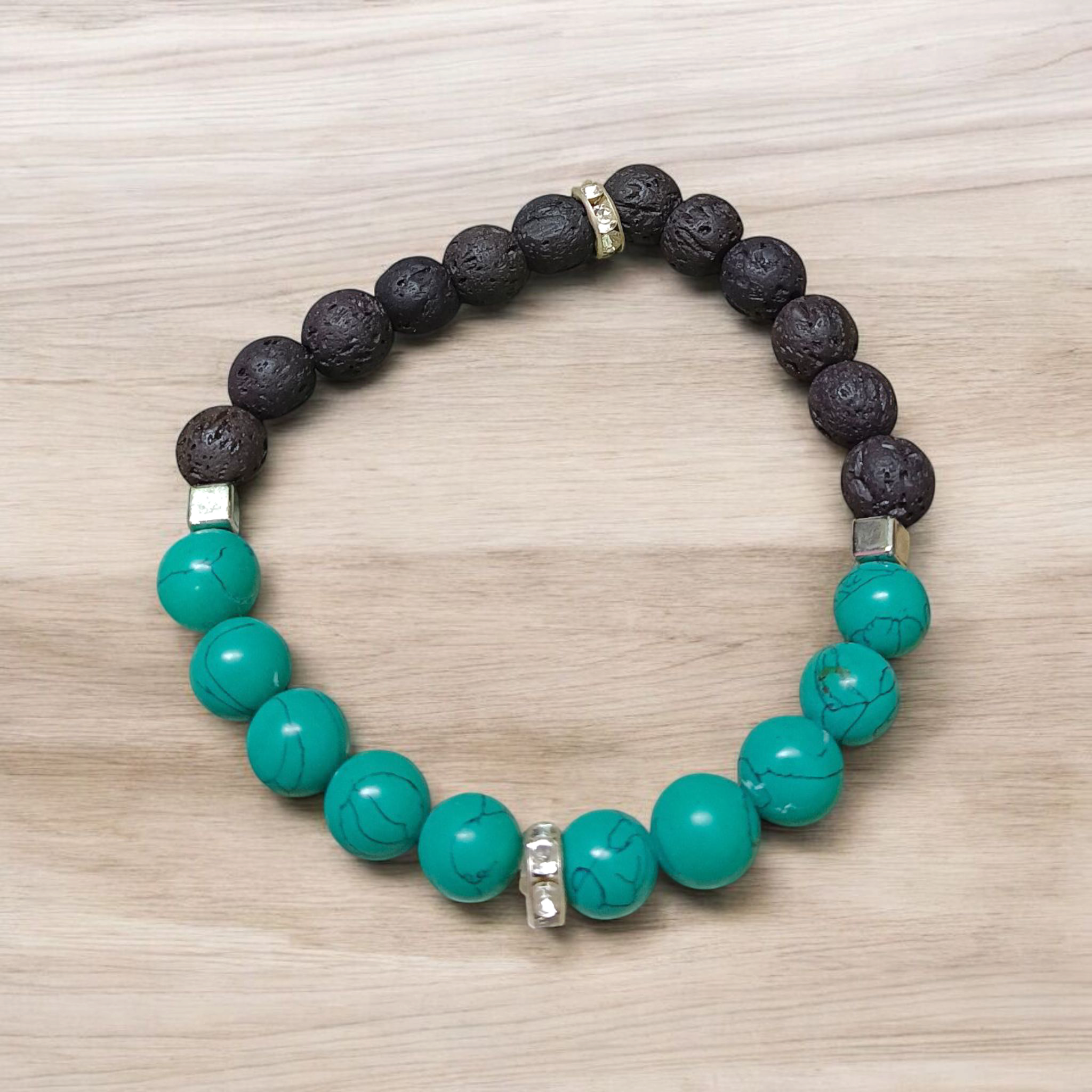 Blue Turquoise & Lava Bracelet (Firoza) with 8mm beads, stretchable and lab certified, perfect for grounding, protection, and emotional healing