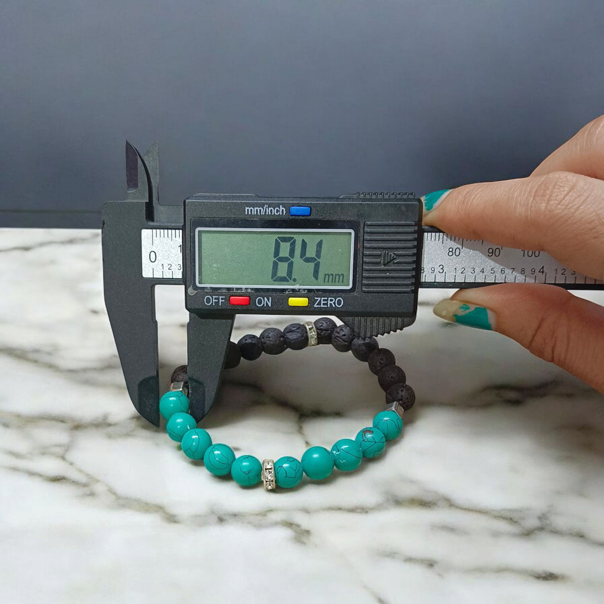 Blue Turquoise & Lava Bracelet (Firoza) with 8mm beads, stretchable and lab certified, perfect for grounding, protection, and emotional healing