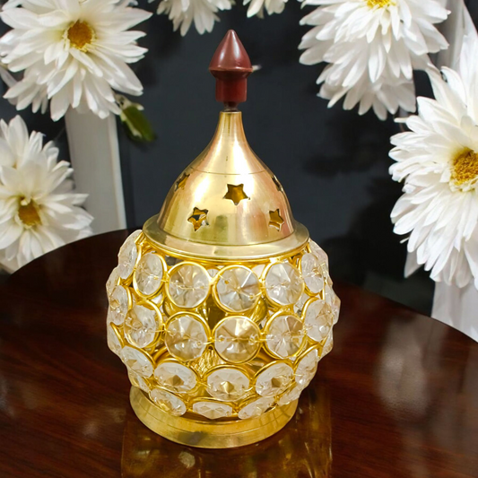 Brass Crystal Akhand Jyot Matki Diya oil lamp with crystal base and brass accents, perfect for pooja and temple use.