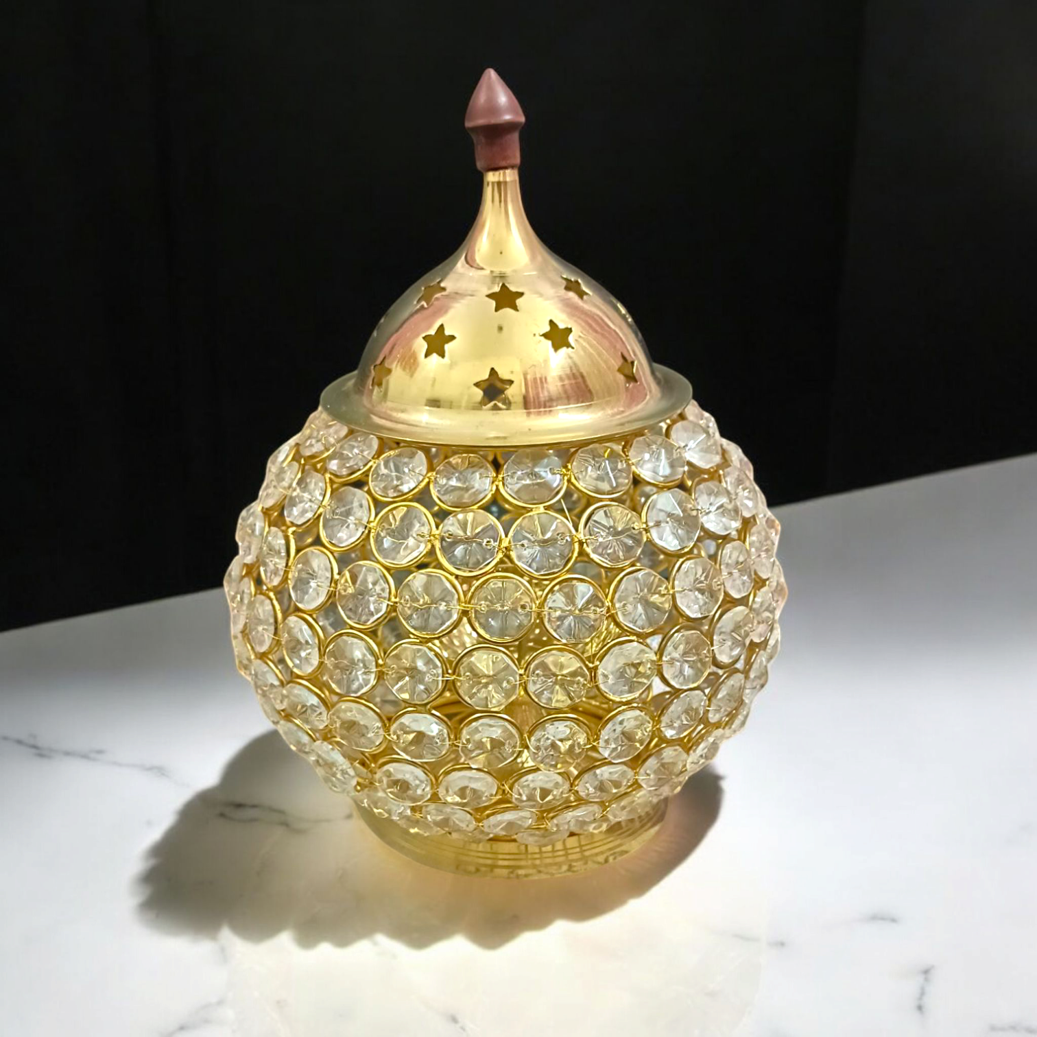 Brass Crystal Akhand Jyot Matki Diya oil lamp with crystal base and brass accents, perfect for pooja and temple use.