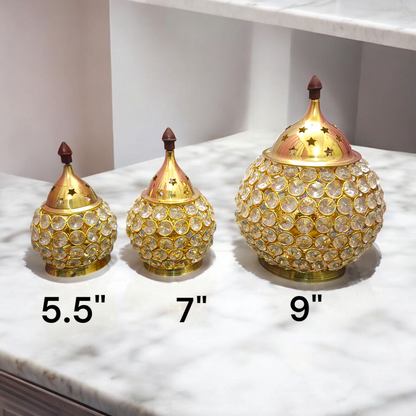 Brass Crystal Akhand Jyot Matki Diya oil lamp with crystal base and brass accents, perfect for pooja and temple use.