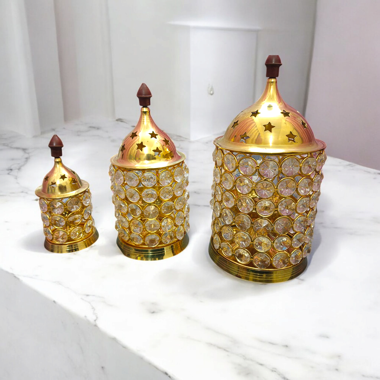 Brass Crystal Akhand Jyot with a crystal pillar design and brass base, perfect for temple pooja and home decor.