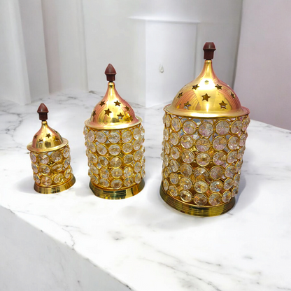 Brass Crystal Akhand Jyot with a crystal pillar design and brass base, perfect for temple pooja and home decor.