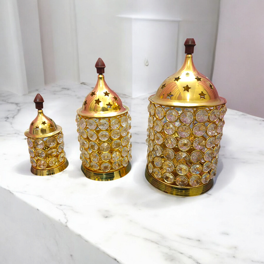 Brass Crystal Akhand Jyot with a crystal pillar design and brass base, perfect for temple pooja and home decor.