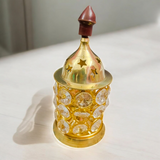Brass Crystal Akhand Jyot with a crystal pillar design and brass base, perfect for temple pooja and home decor.