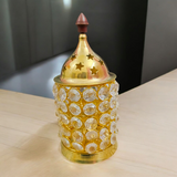 Brass Crystal Akhand Jyot with a crystal pillar design and brass base, perfect for temple pooja and home decor.