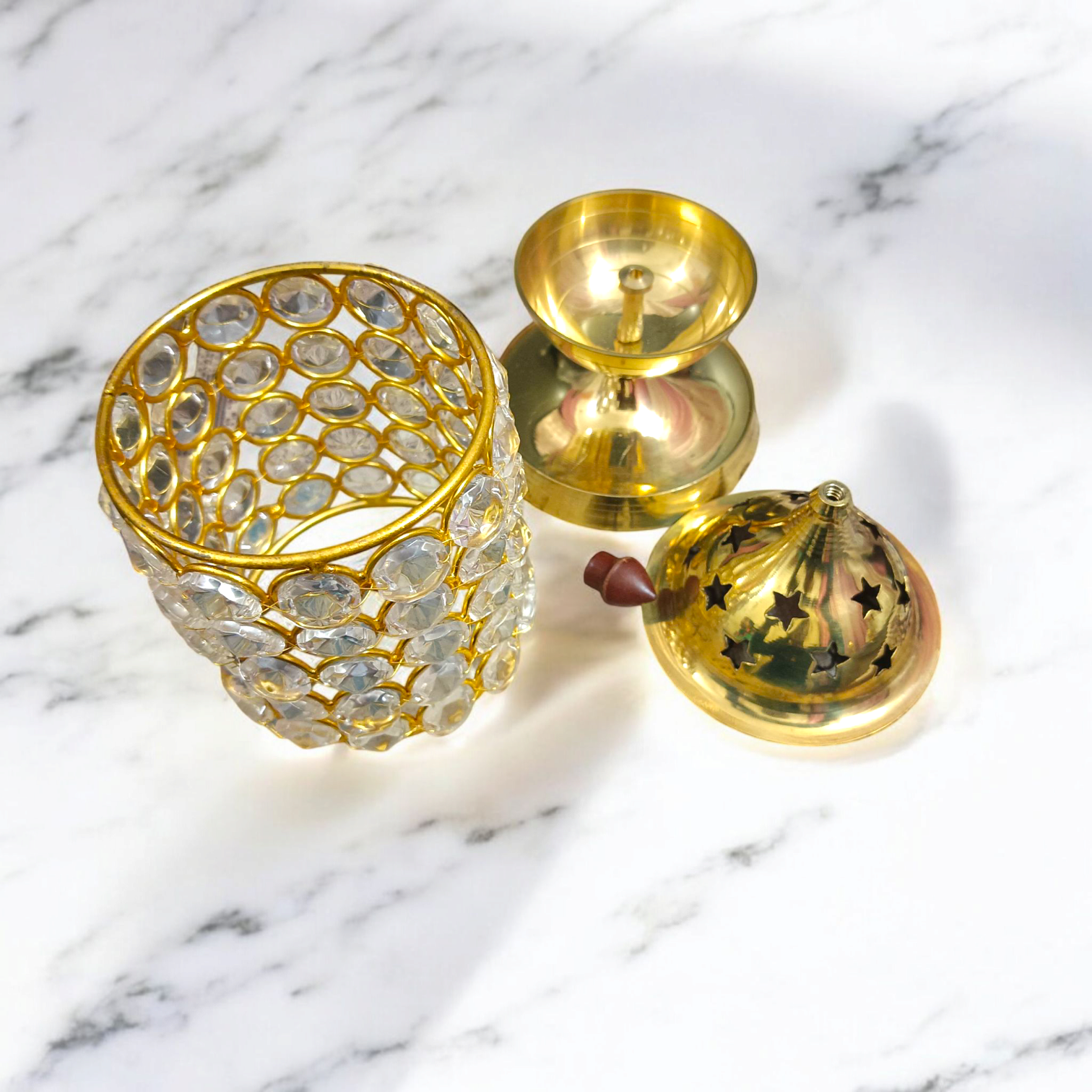 Brass Crystal Akhand Jyot with a crystal pillar design and brass base, perfect for temple pooja and home decor.