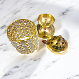 Brass Crystal Akhand Jyot with a crystal pillar design and brass base, perfect for temple pooja and home decor.