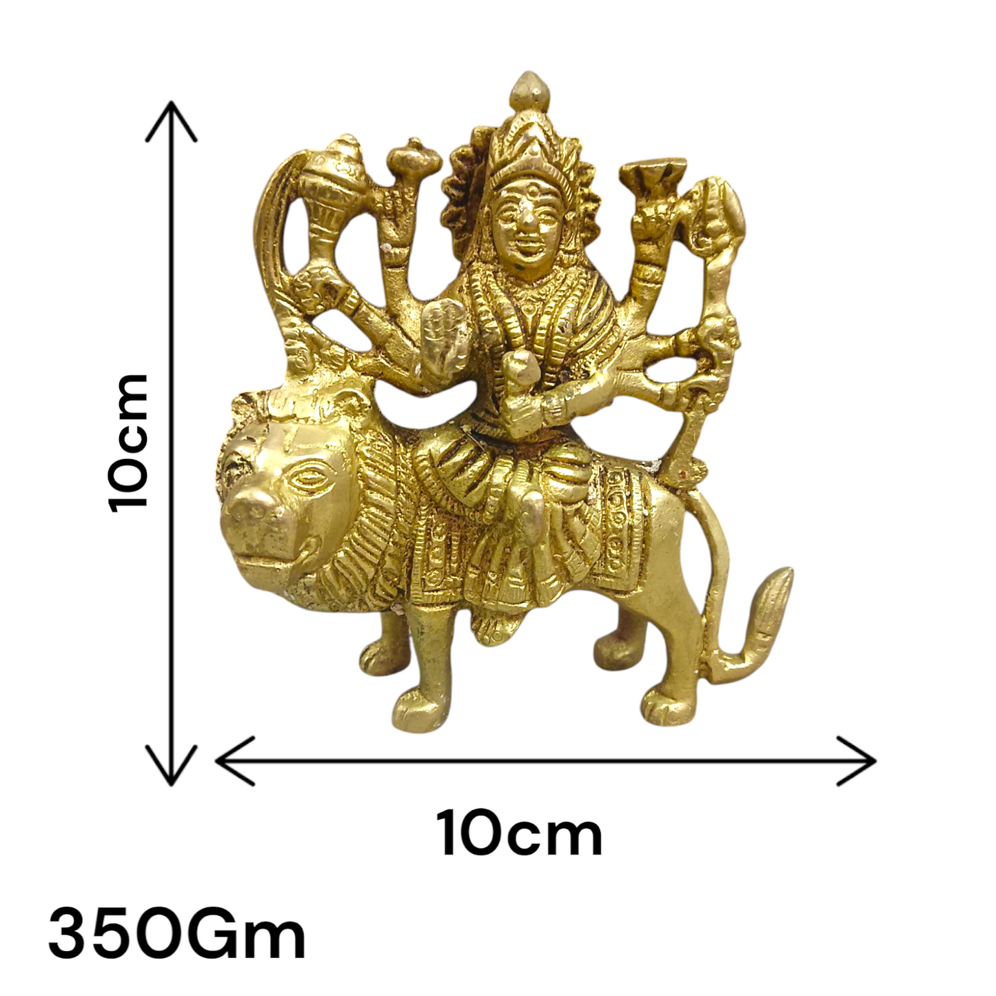 Brass Durga Mata Murti, depicting Goddess Durga on a lion, intricately crafted for worship and spiritual protection.