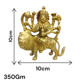 Brass Durga Mata Murti, depicting Goddess Durga on a lion, intricately crafted for worship and spiritual protection.