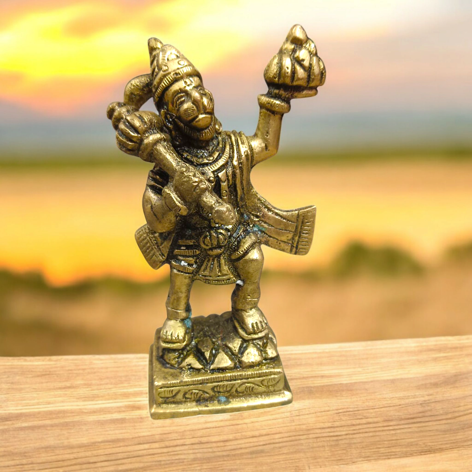 Brass Hanuman Ji Idol carrying the Sanjeevani mountain, symbolizing strength, devotion, and divine protection.