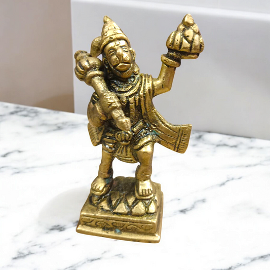 Brass Hanuman Ji Idol carrying the Sanjeevani mountain, symbolizing strength, devotion, and divine protection.