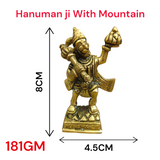 Brass Hanuman Ji Idol carrying the Sanjeevani mountain, symbolizing strength, devotion, and divine protection.