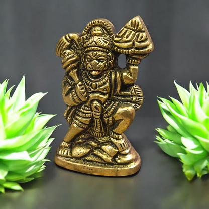 Brass Hanuman Ji Idol carrying the Sanjeevani mountain, symbolizing strength, devotion, and divine protection.
