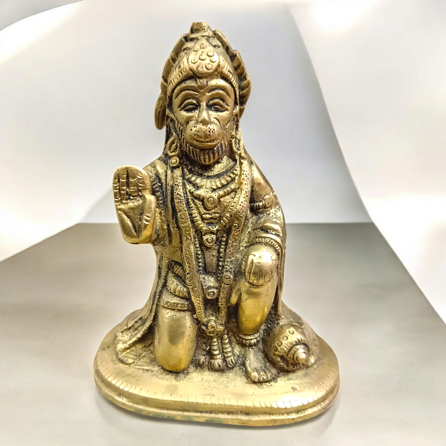 Brass Hanuman Ji Murti intricately designed, representing Lord Hanuman with his mace and strength, ideal for worship and home decor.