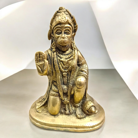 Brass Hanuman Ji Murti intricately designed, representing Lord Hanuman with his mace and strength, ideal for worship and home decor.