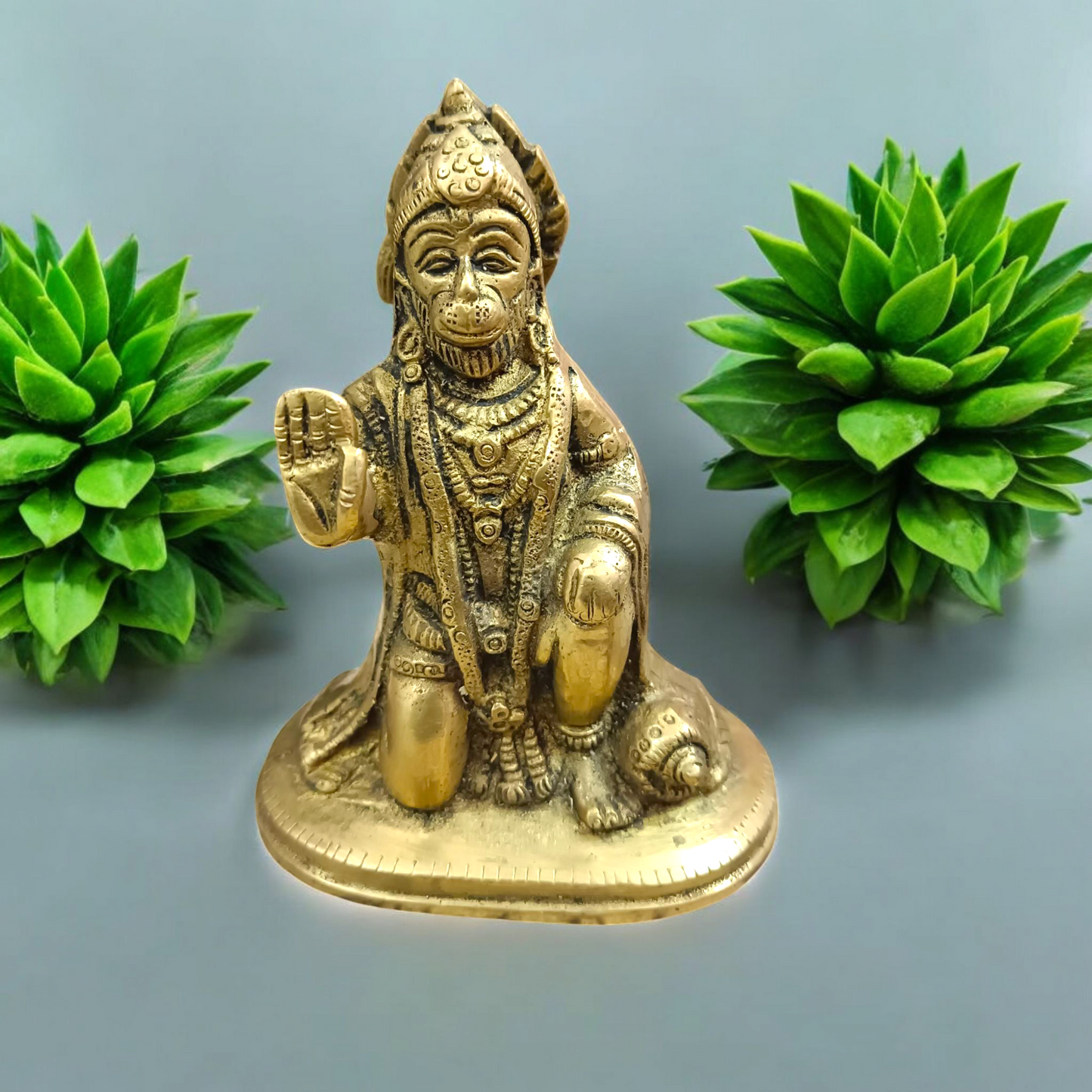 Brass Hanuman Ji Murti intricately designed, representing Lord Hanuman with his mace and strength, ideal for worship and home decor.