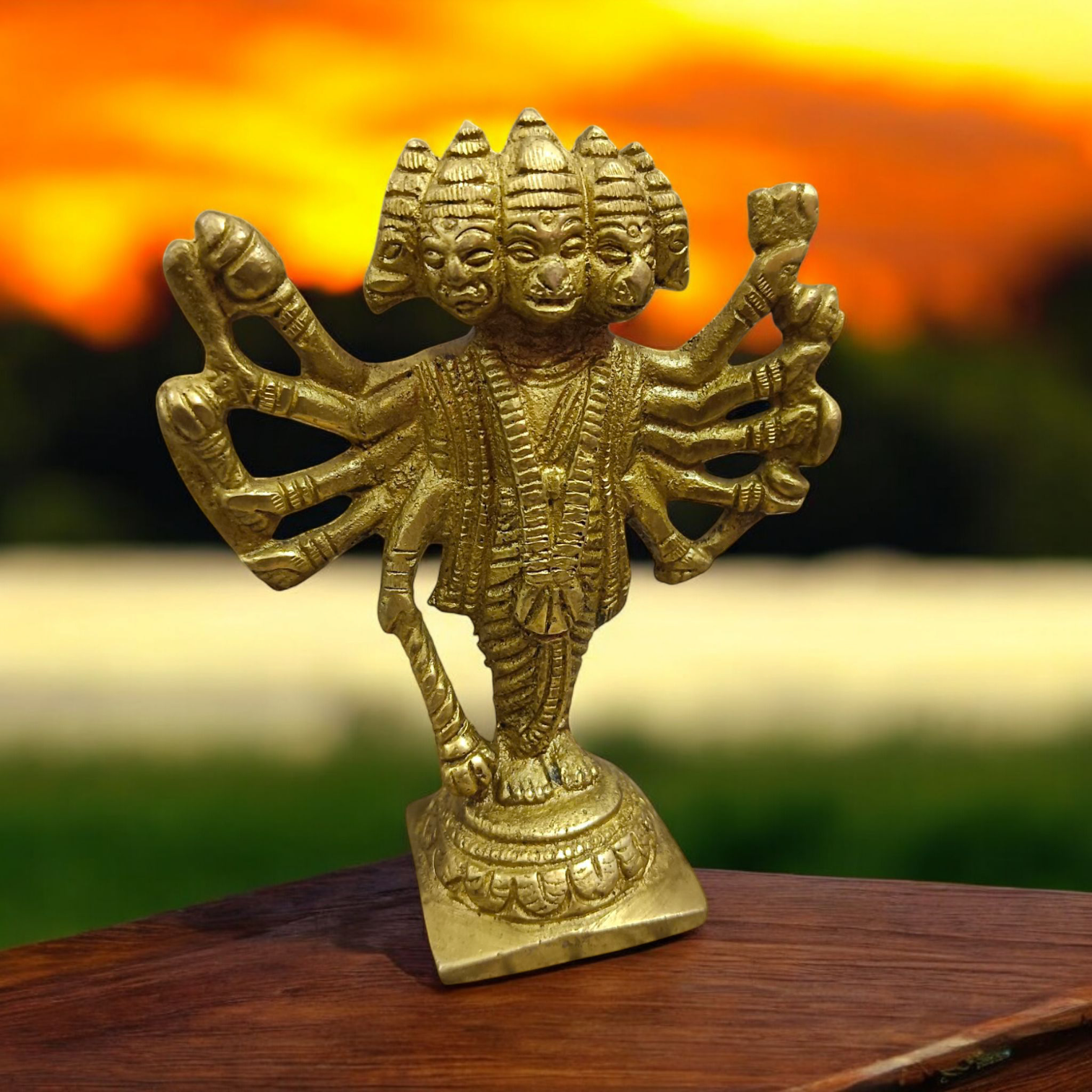 Brass Hanuman Ji Panchmukhi Murti with five faces representing Lord Hanuman’s divine power, perfect for worship and home decor.