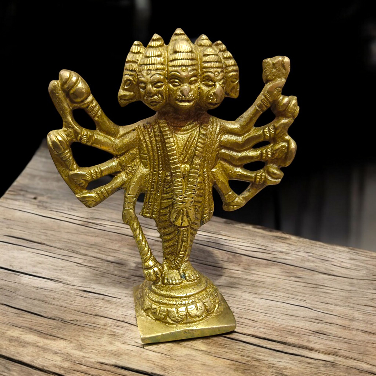 Brass Hanuman Ji Panchmukhi Murti with five faces representing Lord Hanuman’s divine power, perfect for worship and home decor.