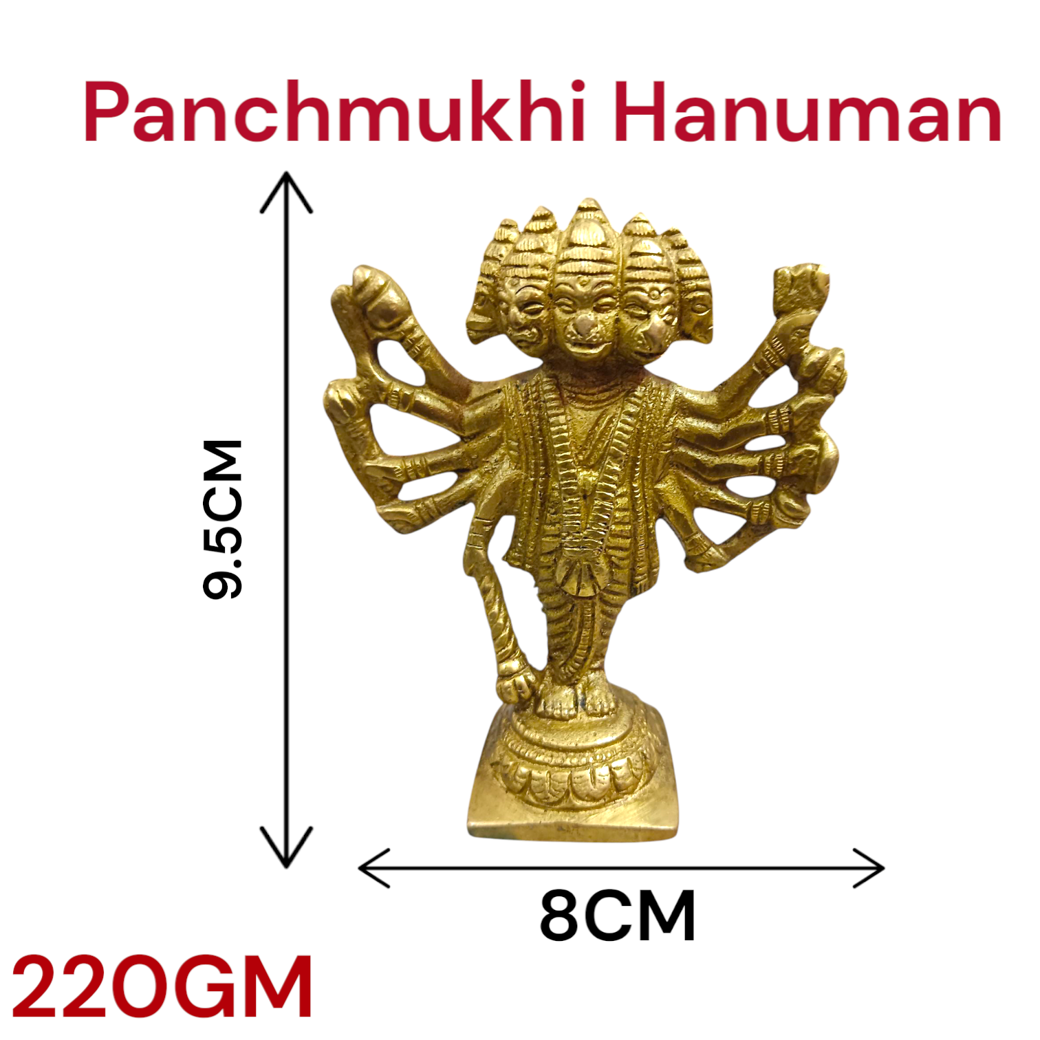 Brass Hanuman Ji Panchmukhi Murti with five faces representing Lord Hanuman’s divine power, perfect for worship and home decor.