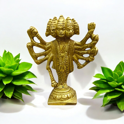 Brass Hanuman Ji Panchmukhi Murti with five faces representing Lord Hanuman’s divine power, perfect for worship and home decor.