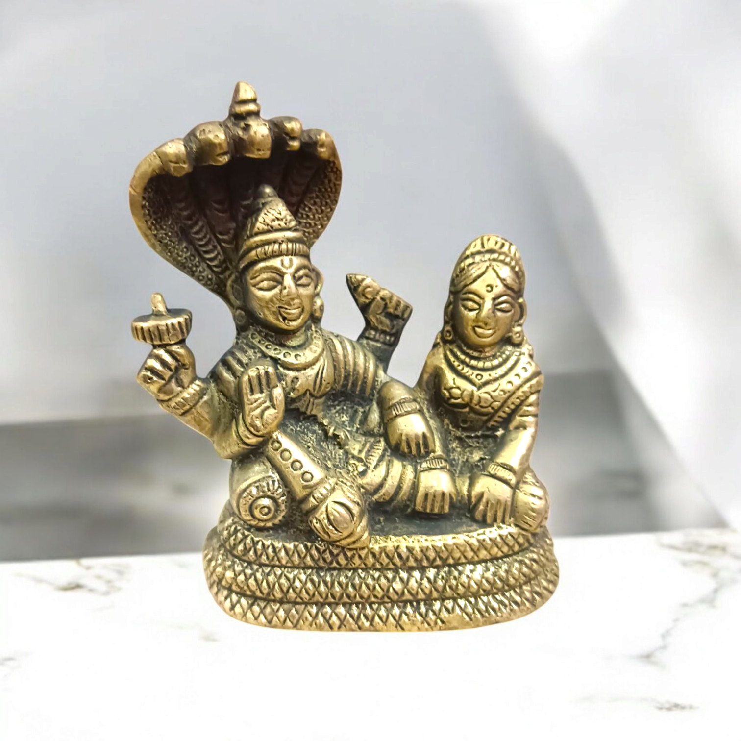 Brass Laxmi Narayan | Vishnu Ji Brass Idol, beautifully crafted, depicting Lord Vishnu and Goddess Lakshmi, designed with intricate detailing