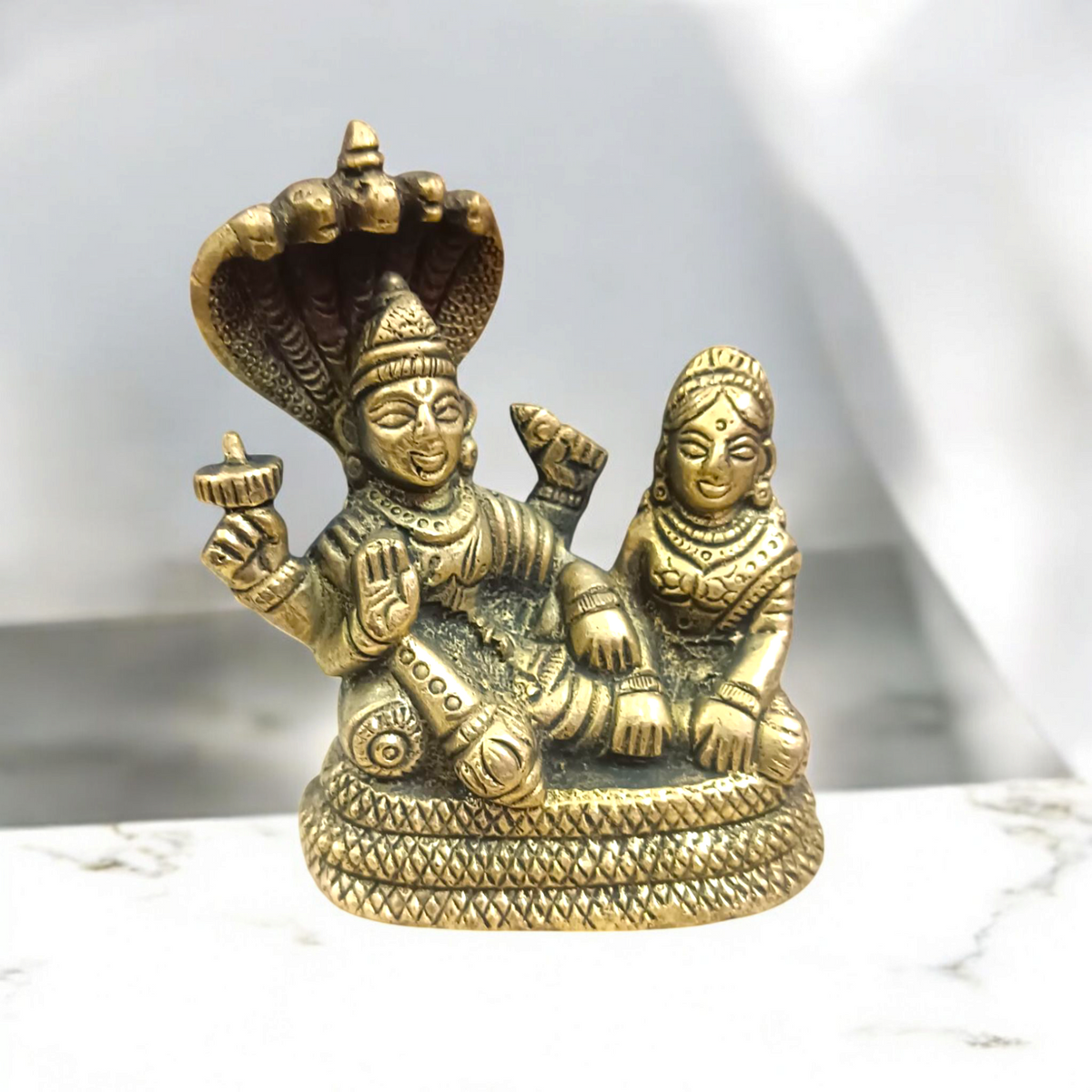 Brass Laxmi Narayan | Vishnu Ji Brass Idol, beautifully crafted, depicting Lord Vishnu and Goddess Lakshmi, designed with intricate detailing
