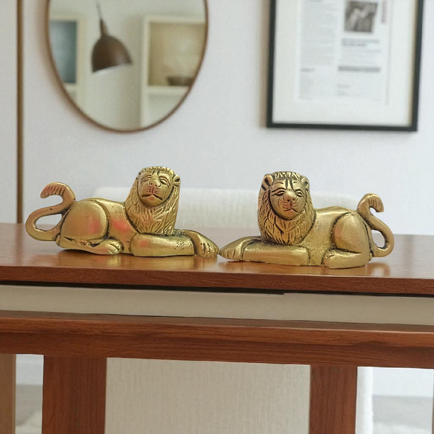 Brass Lion Idol Combo Set – Mirror Sitting Position – Ideal for Office Desk, Home Entrance, or Temple Use