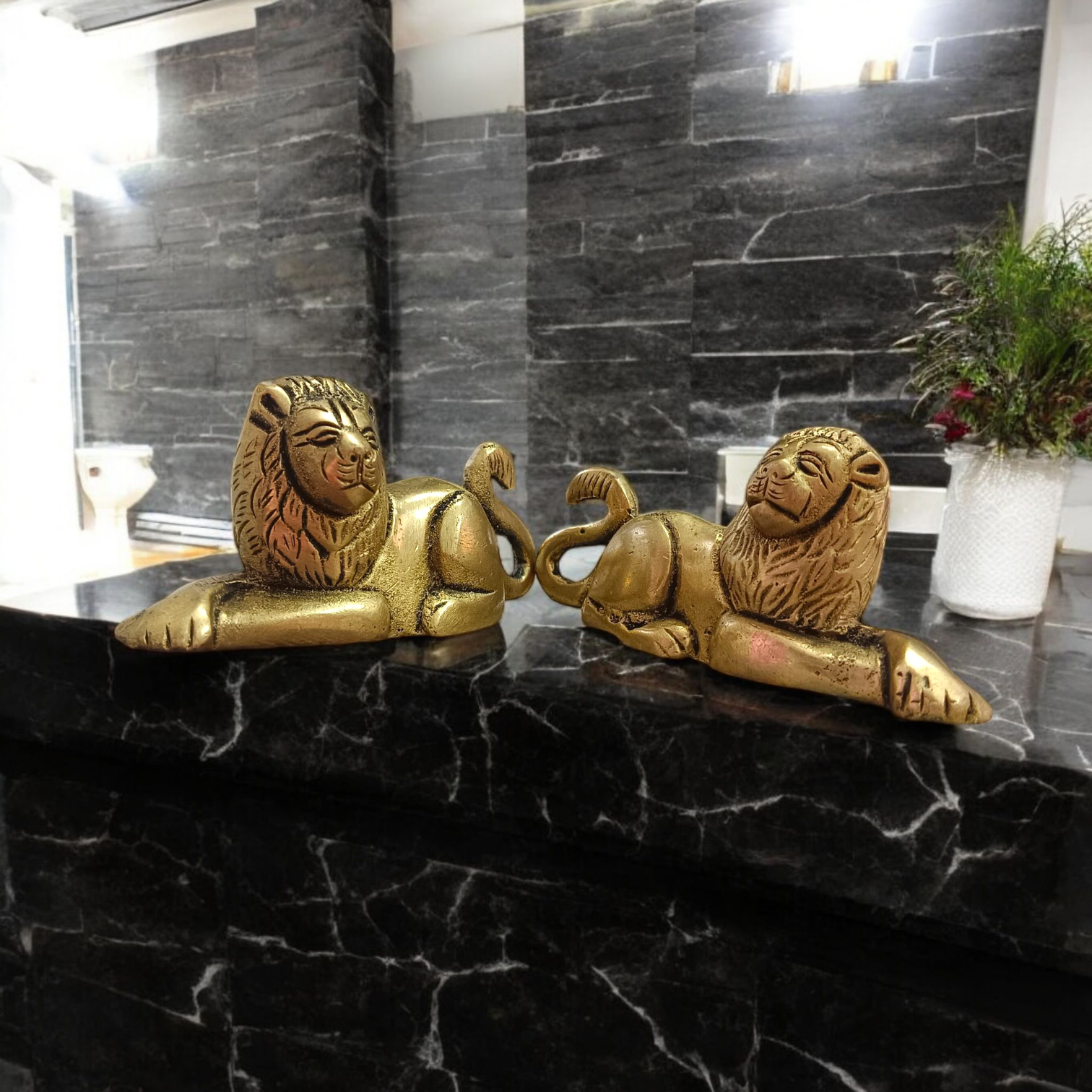 Brass Lion Idol Combo Set – Mirror Sitting Position – Ideal for Office Desk, Home Entrance, or Temple Use
