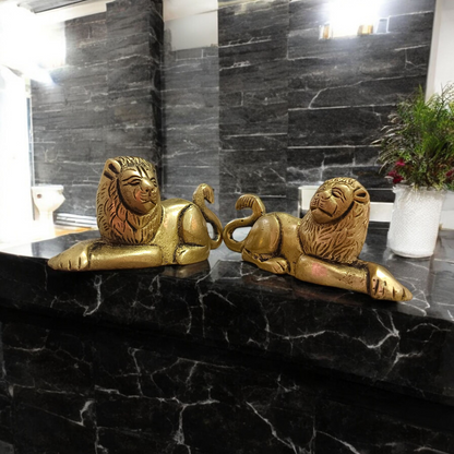 Brass Lion Idol Combo Set – Mirror Sitting Position – Ideal for Office Desk, Home Entrance, or Temple Use