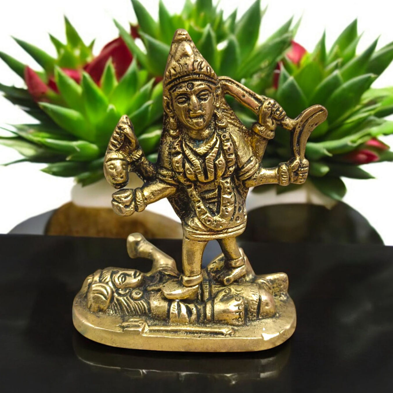 Brass Maa Kali Idol, a powerful depiction of Goddess Kali with intricate details, designed for spiritual worship and protection.