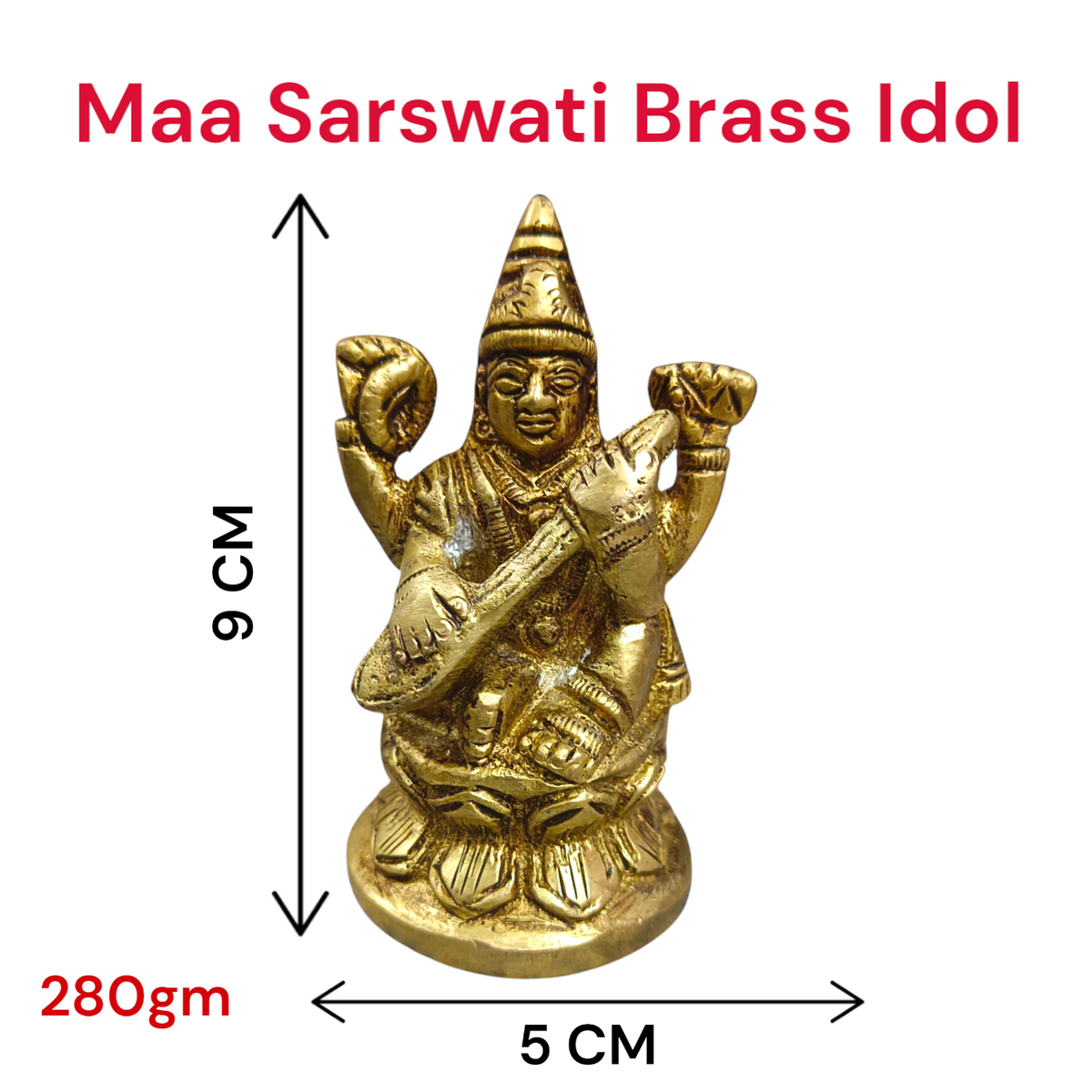 Brass Maa Saraswati Idol, featuring Goddess Saraswati with a veena, book, and rosary, beautifully crafted for spiritual worship and intellectual blessings.