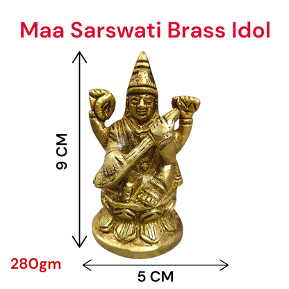 Brass Maa Saraswati Idol, featuring Goddess Saraswati with a veena, book, and rosary, beautifully crafted for spiritual worship and intellectual blessings.