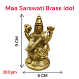 Brass Maa Saraswati Idol, featuring Goddess Saraswati with a veena, book, and rosary, beautifully crafted for spiritual worship and intellectual blessings.