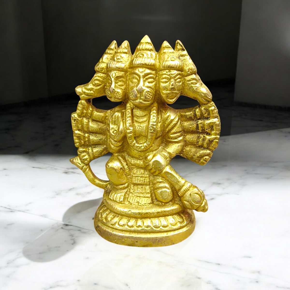 Brass Panchmukhi Hanuman Ji Idol with five faces representing Lord Hanuman’s divine protection and strength.