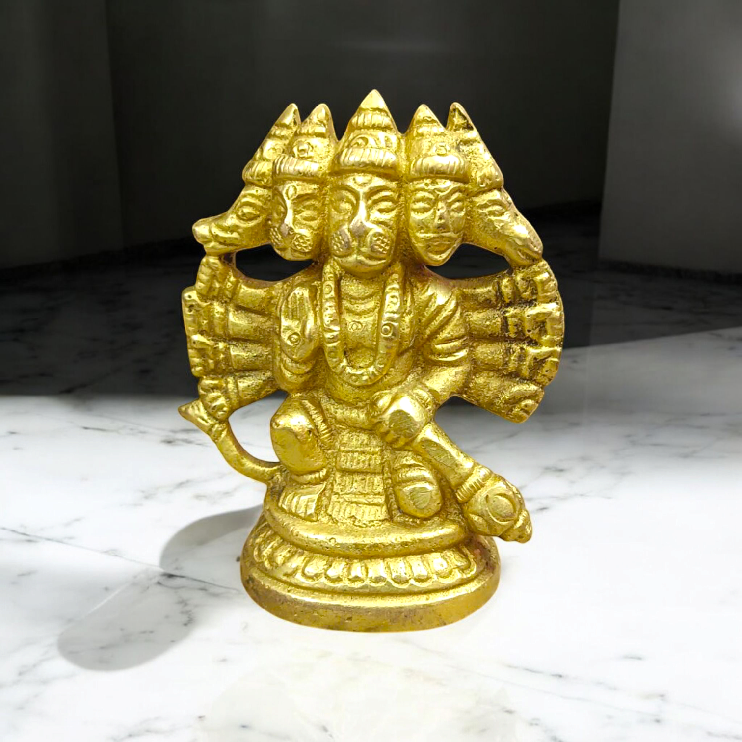 Brass Panchmukhi Hanuman Ji Idol with five faces representing Lord Hanuman’s divine protection and strength.