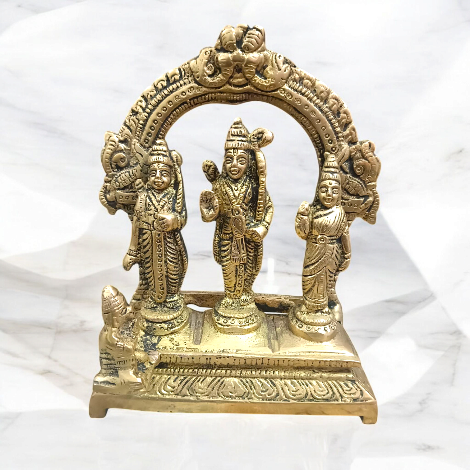 Brass Ram Darbar Murti featuring Lord Ram, Goddess Sita, Lord Lakshman, and Lord Hanuman – a divine idol for worship and protection.