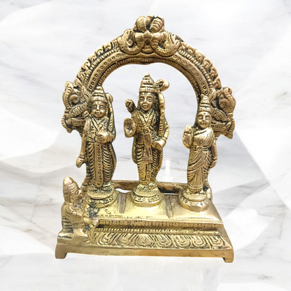 Brass Ram Darbar Murti featuring Lord Ram, Goddess Sita, Lord Lakshman, and Lord Hanuman – a divine idol for worship and protection.