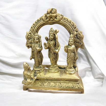 Brass Ram Darbar Murti featuring Lord Ram, Goddess Sita, Lord Lakshman, and Lord Hanuman – a divine idol for worship and protection.