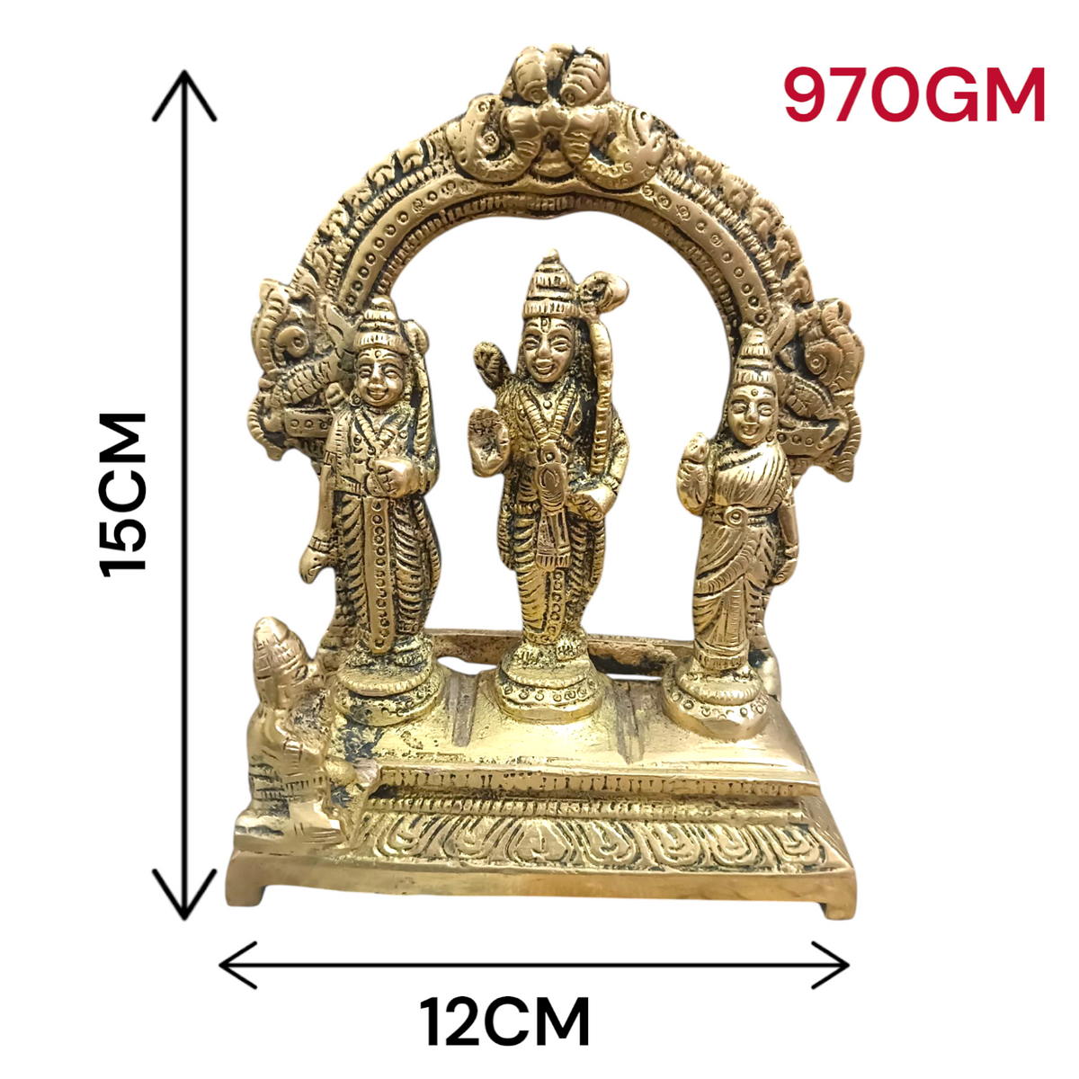 Brass Ram Darbar Murti featuring Lord Ram, Goddess Sita, Lord Lakshman, and Lord Hanuman – a divine idol for worship and protection.
