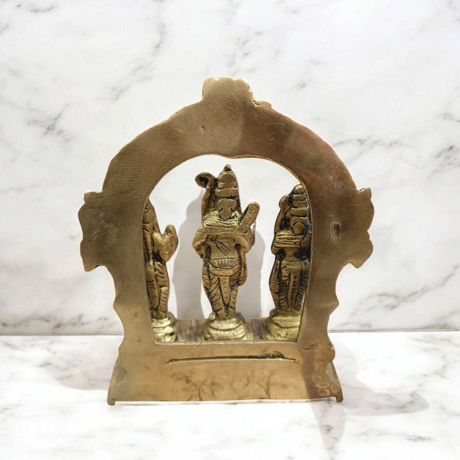 Brass Ram Darbar Murti featuring Lord Ram, Goddess Sita, Lord Lakshman, and Lord Hanuman – a divine idol for worship and protection.