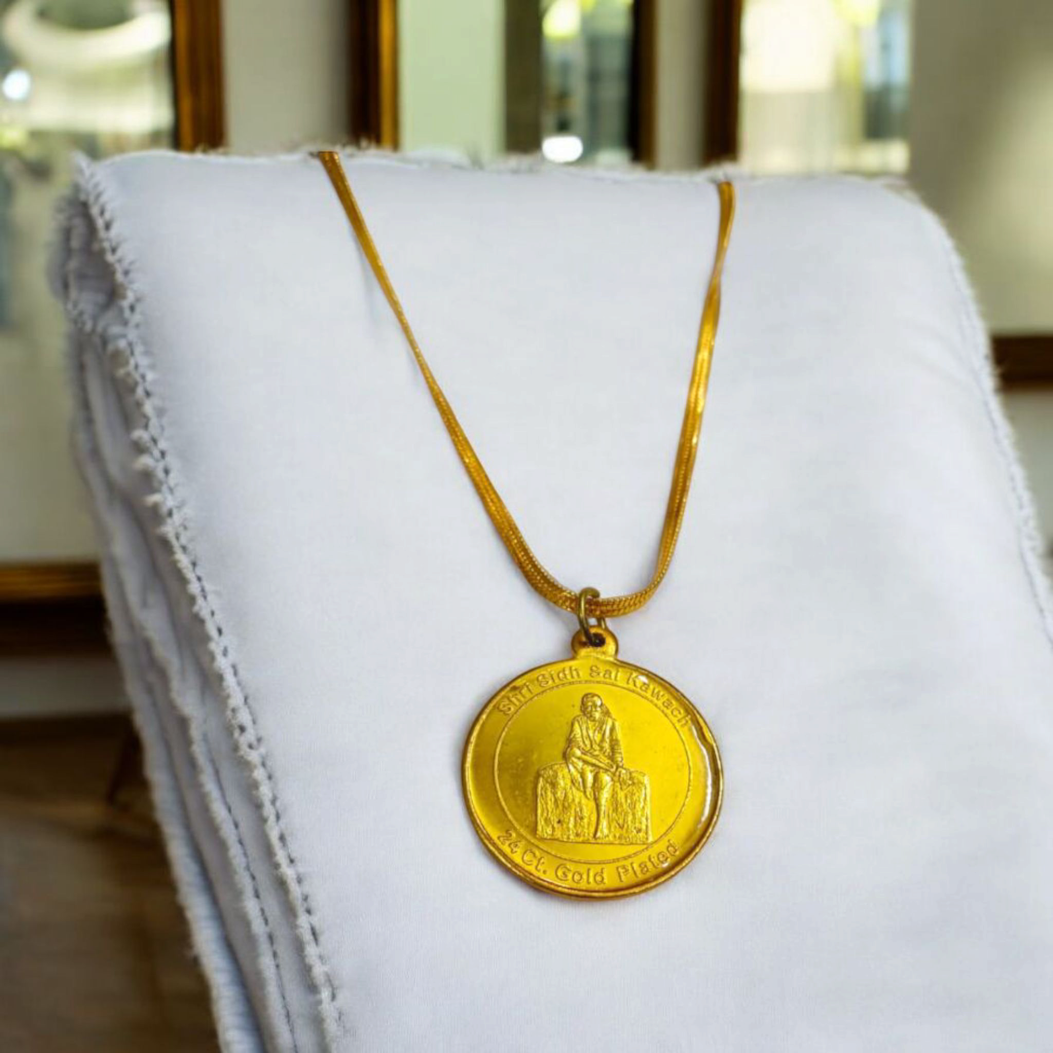 Brass Sai Baba Kawach pendant with chain, offering divine protection and blessings for the wearer, symbolizing faith and devotion.