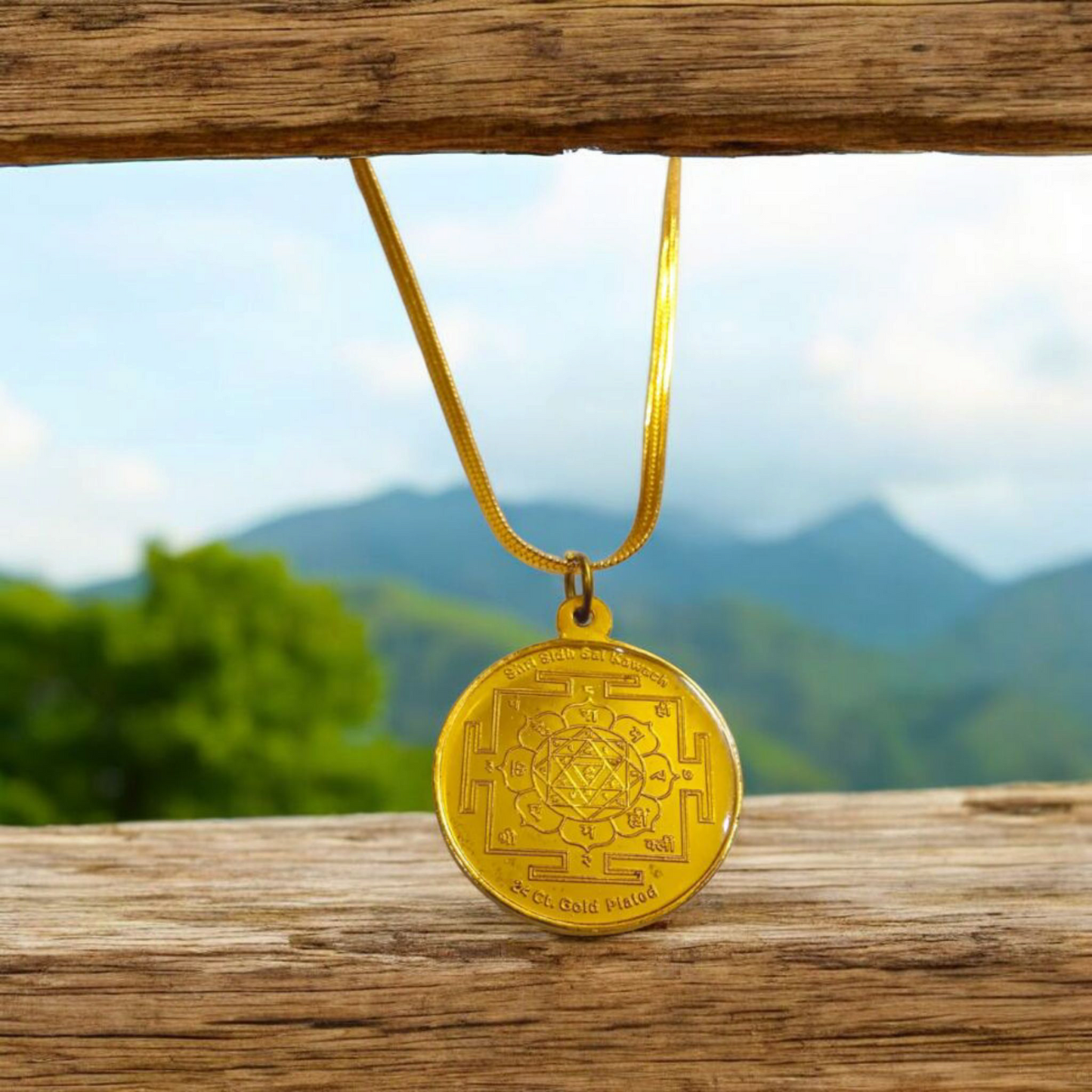 Brass Sai Baba Kawach pendant with chain, offering divine protection and blessings for the wearer, symbolizing faith and devotion.