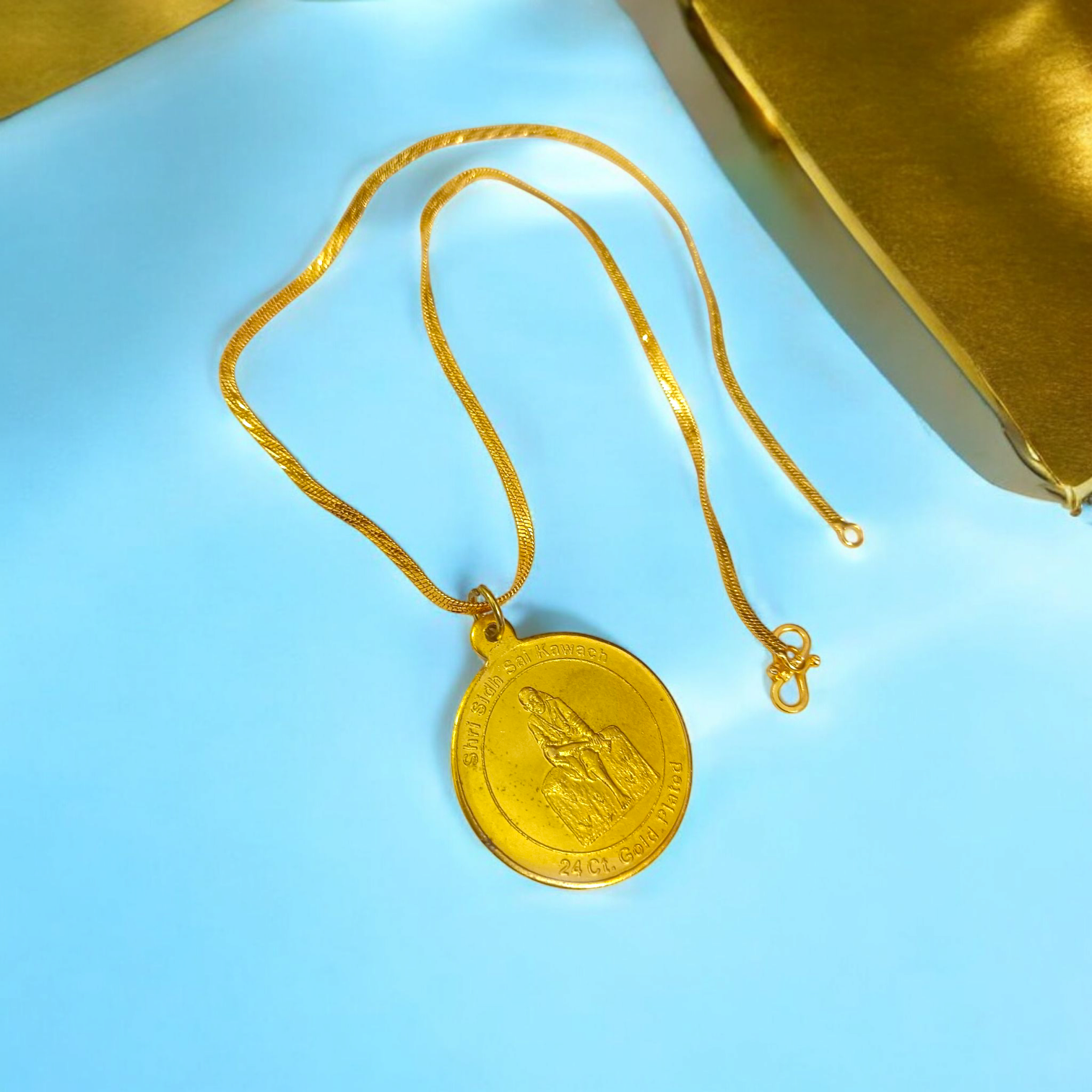 Brass Sai Yantra Locket with chain featuring the image of Shirdi Sai Baba, a symbol of divine protection, prosperity, and spiritual growth.