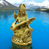 Brass Saraswati Murti Idol, a beautifully detailed statue of Goddess Saraswati, made from brass, with intricate craftsmanship, holding a veena.