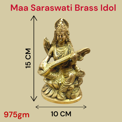 Brass Saraswati Murti Idol, a beautifully detailed statue of Goddess Saraswati, made from brass, with intricate craftsmanship, holding a veena.