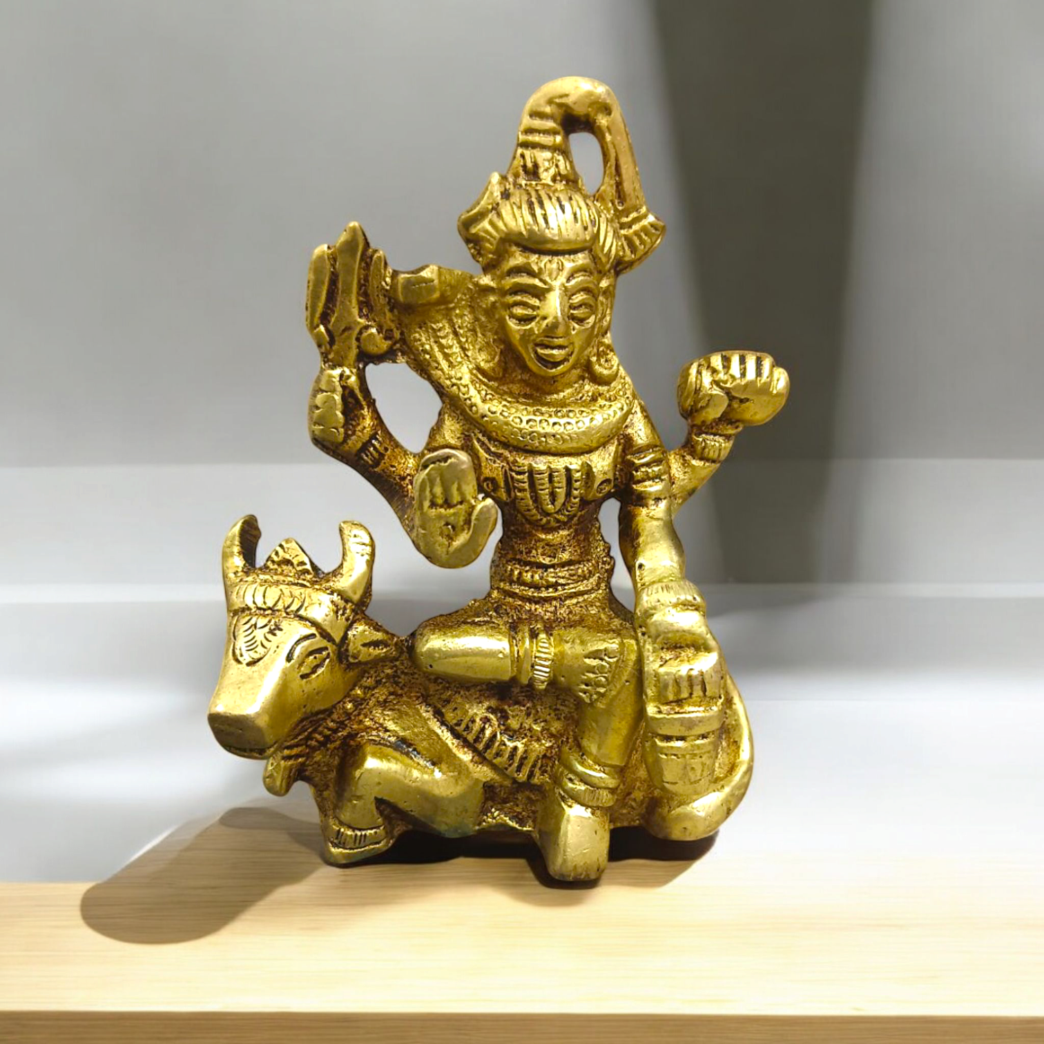 Brass Shiv Ji With Nandi Idol, intricately crafted with Lord Shiva and his sacred vehicle Nandi, symbolizing divine protection, strength, and spiritual devotion.