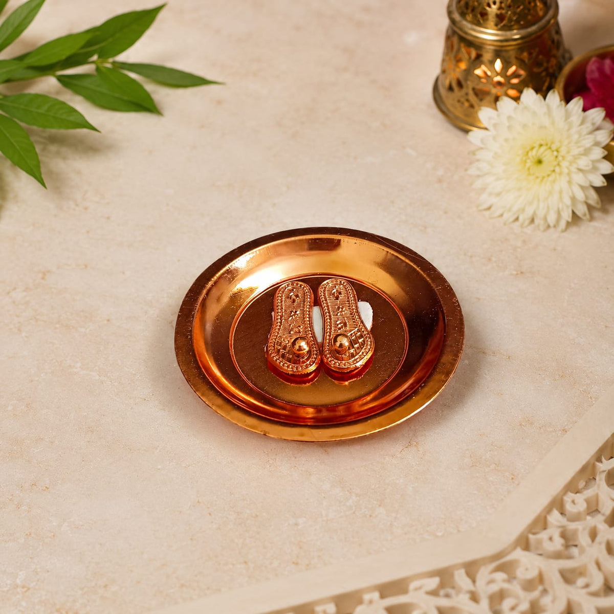 Charan Paduka in Copper with Plate – Bhagwan Ji Ke Charan | 7 CM Pure Copper
