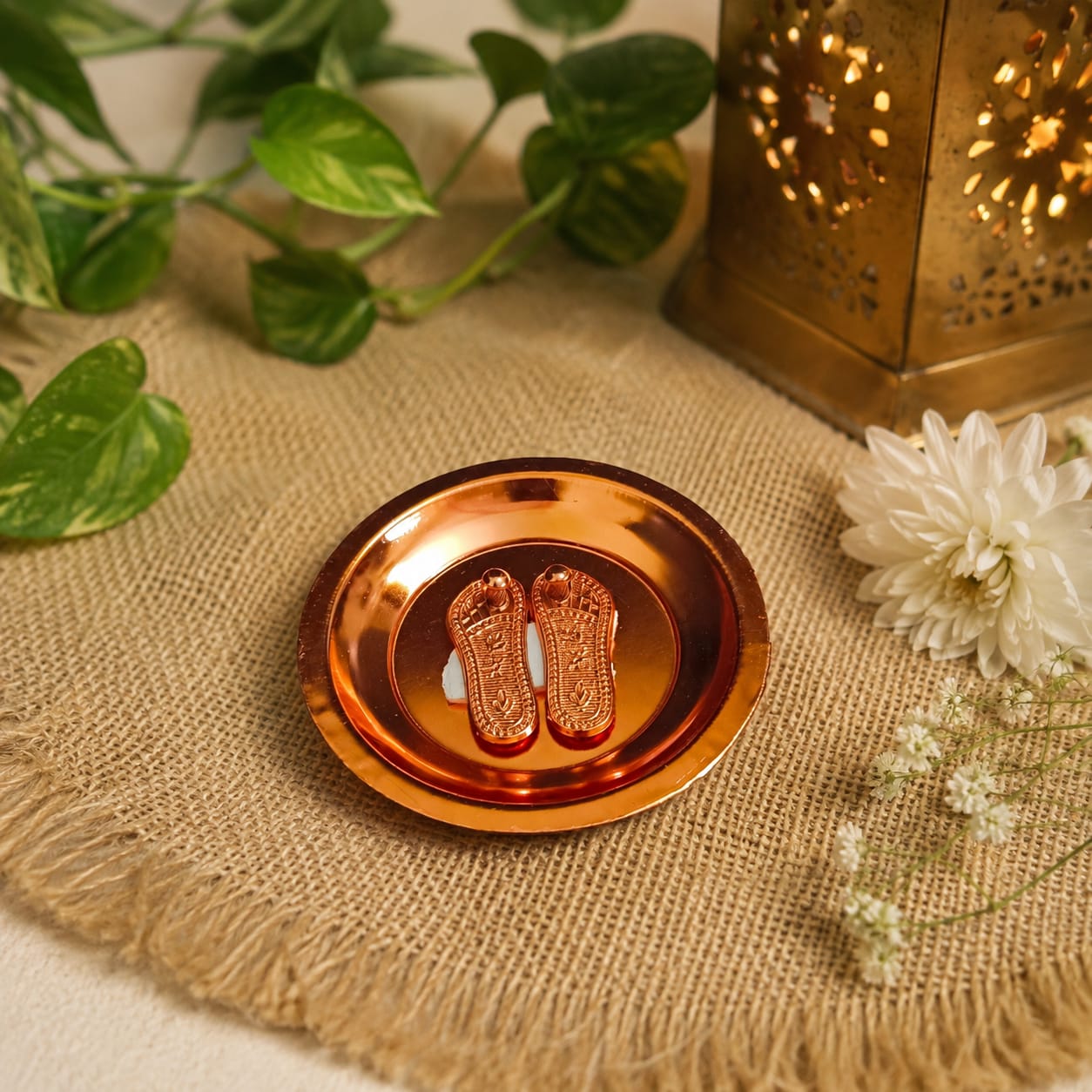 Charan Paduka in Copper with Plate – Bhagwan Ji Ke Charan | 7 CM Pure Copper